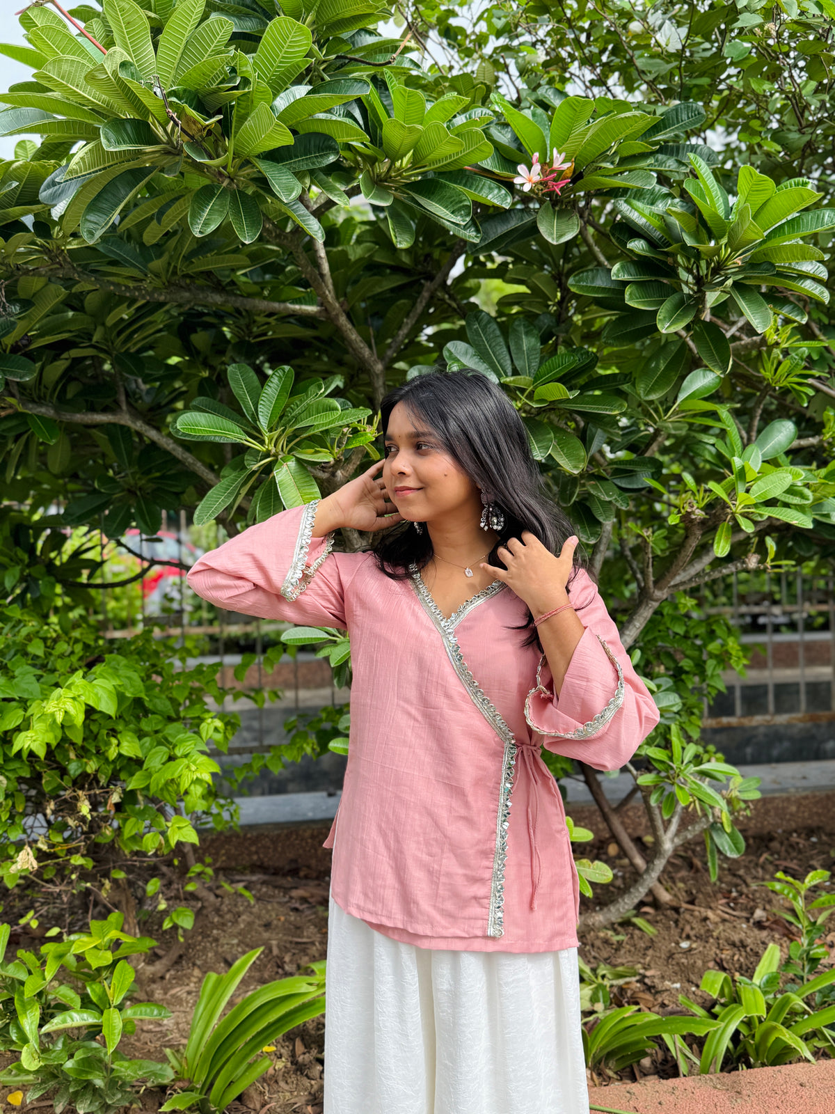 Pastel Pink Angrakha With Lace Detailing