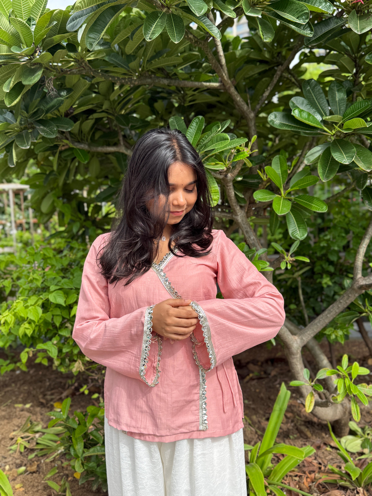 Pastel Pink Angrakha With Lace Detailing