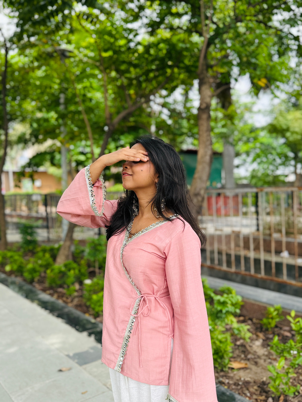 Pastel Pink Angrakha With Lace Detailing