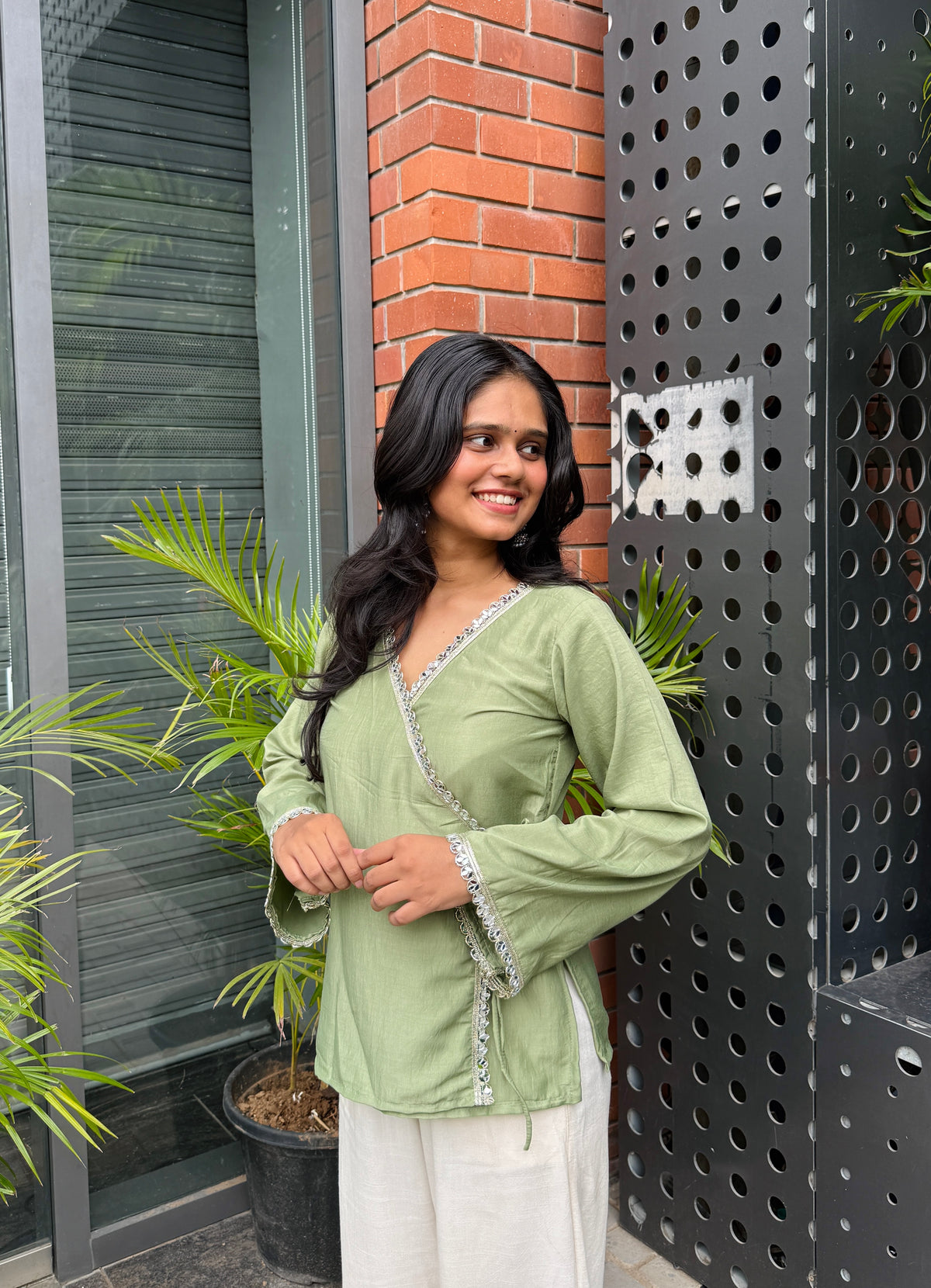 Pastel Green Angrakha Kurti With Lace Detailing