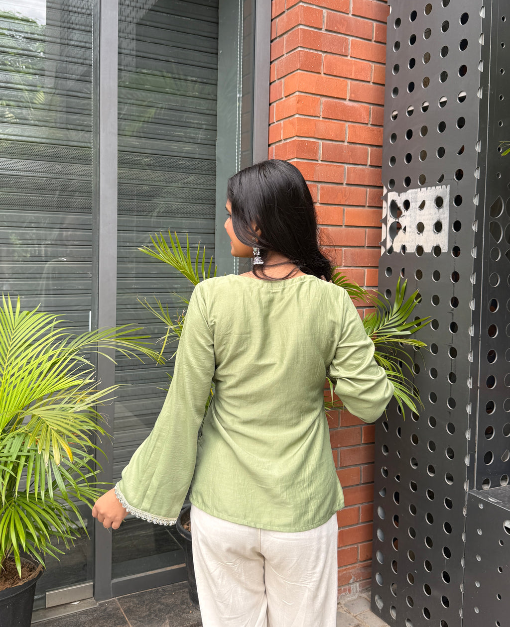 Pastel Green Angrakha Kurti With Lace Detailing
