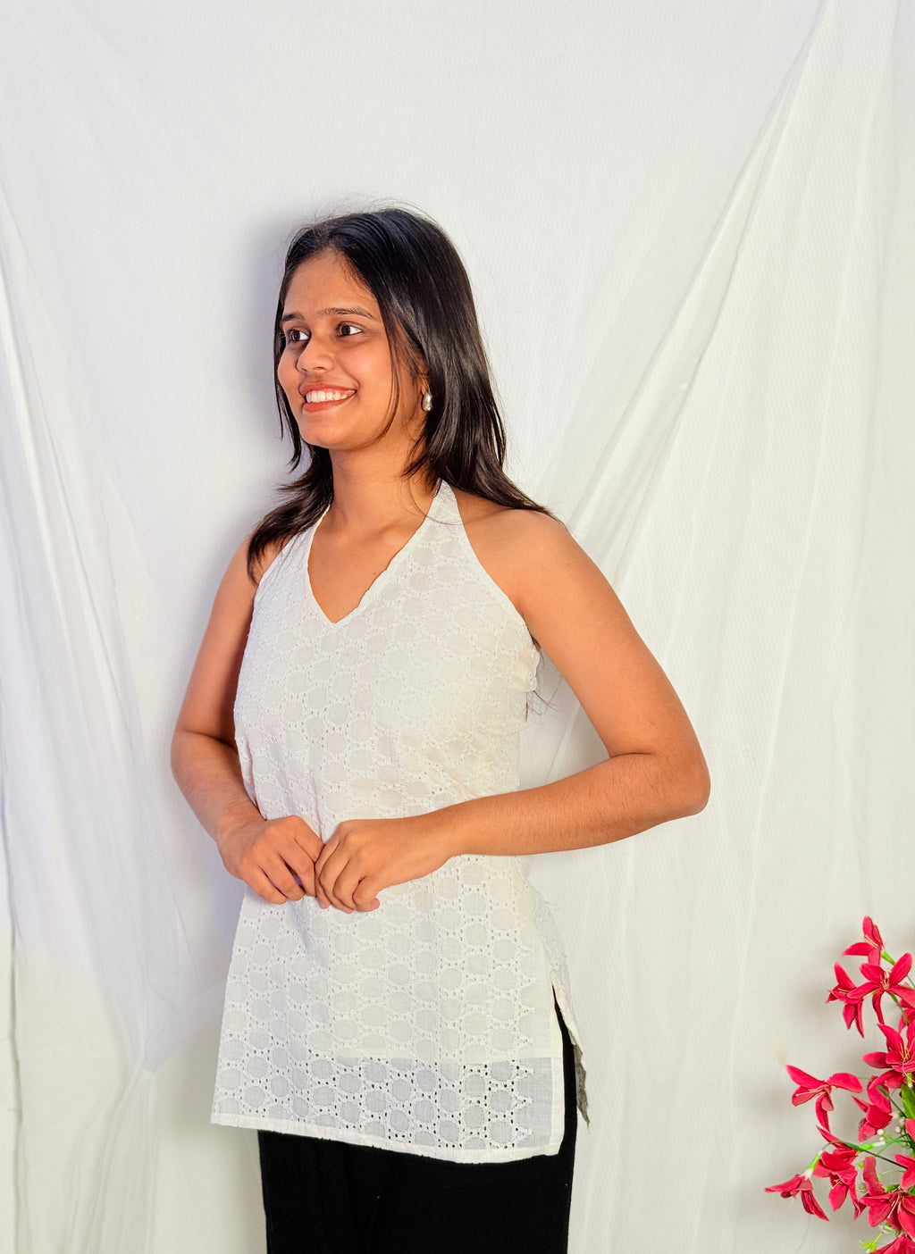 Zoya White Halter Neck Kurti